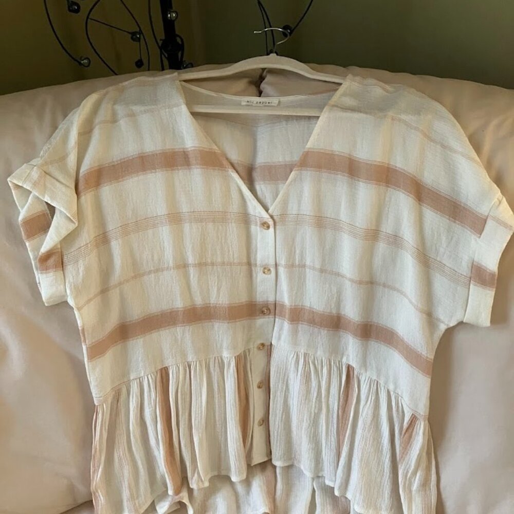 Blu Pepper blouse, cream and light brown, size L, modified babydoll cut